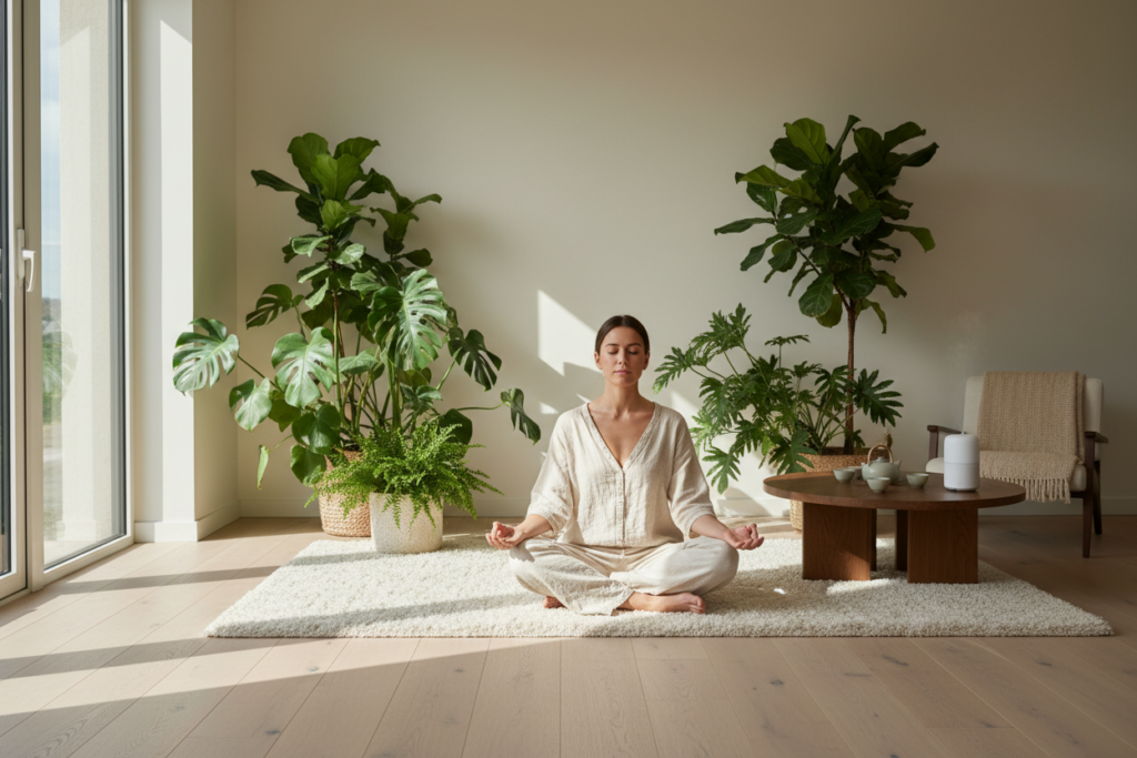 Femme assise en méditation dans un intérieur lumineux, ambiance douce et apaisante, plantes et lumière naturelle.