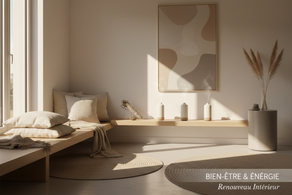 Un espace intérieur apaisant et chaleureux avec coussins, lumière douce et ambiance bien-être.