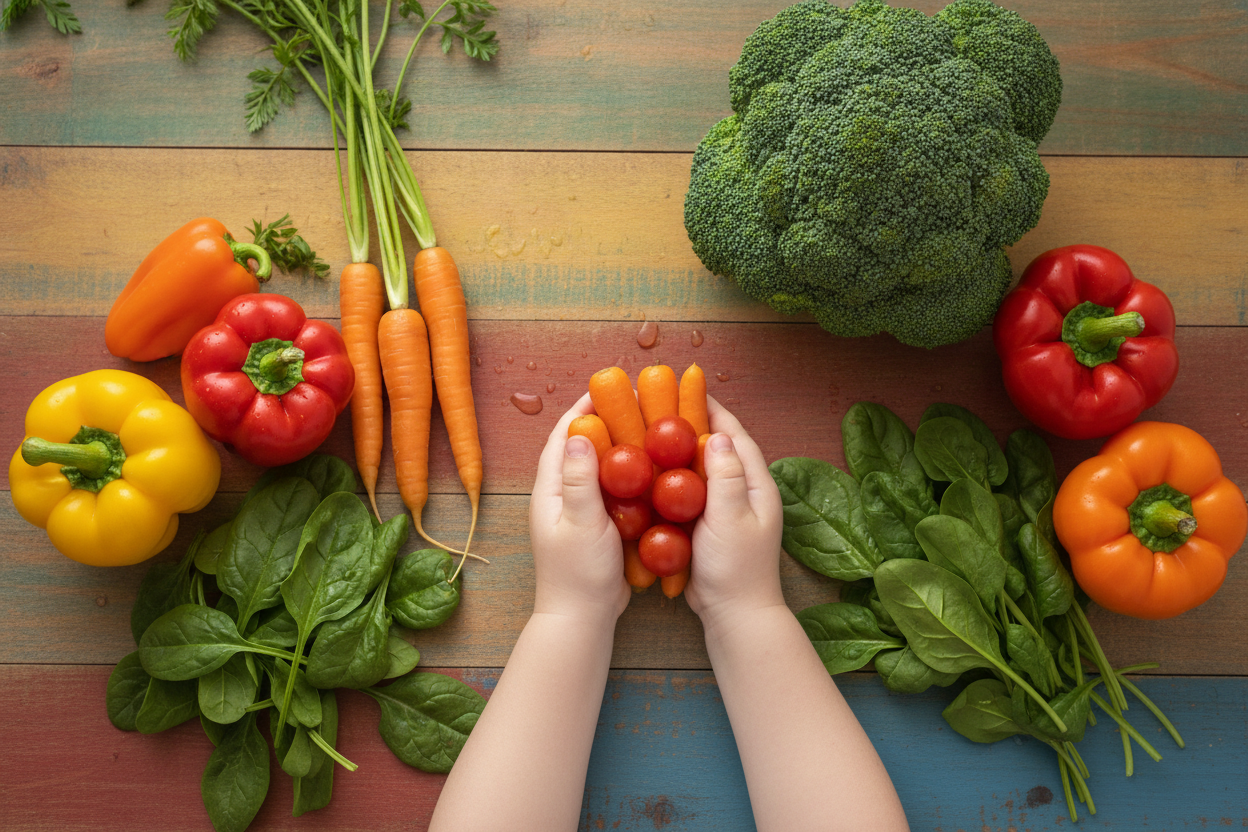 Enfant découvrant des légumes frais colorés sur une table en bois, mains tendues vers les légumes.