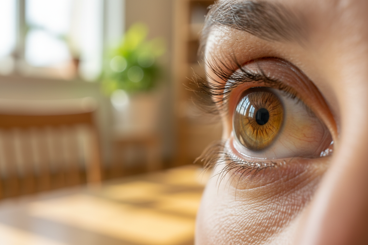 Gros plan médical montrant le blanc des yeux teinté de jaune caractéristique de l'ictère scléral.