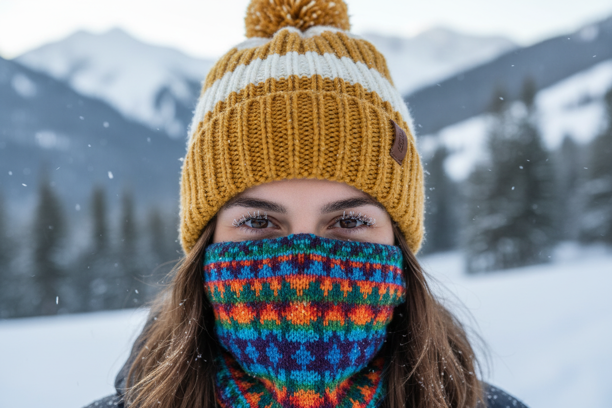 Personne portant un cache-nez et bonnet dans un environnement enneigé hivernal.