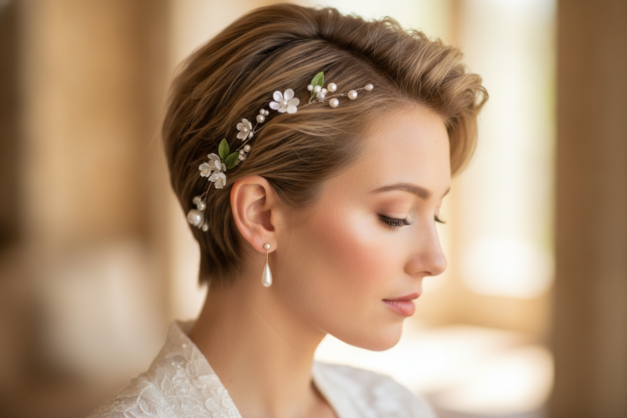 Mariée aux cheveux courts pixie cut stylisés avec accessoires de mariage délicats et perles.