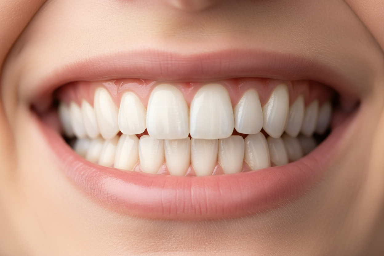Gros plan de dents blanches et saines avec des gencives roses sous une lumière naturelle douce.