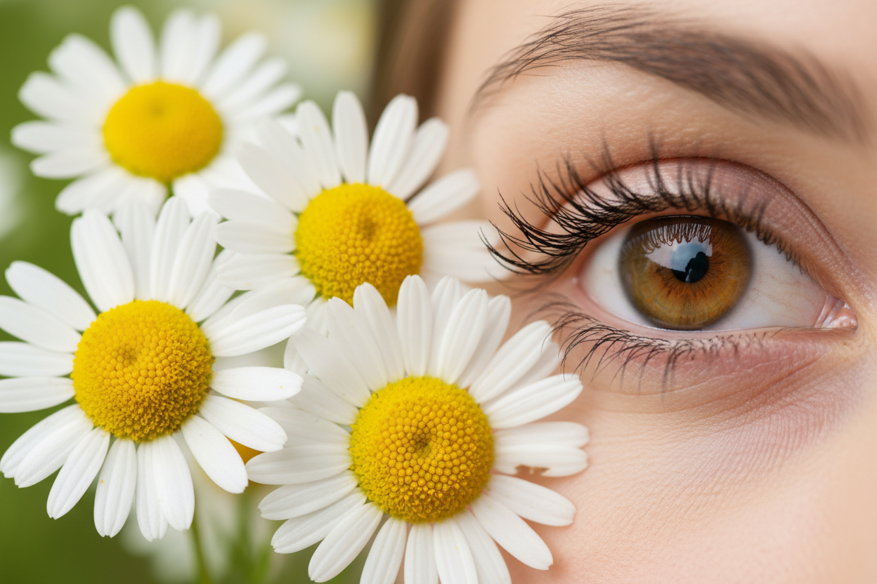 Fleurs de camomille fraîches et œil humain serein, illustrant le remède naturel contre la conjonctivite.