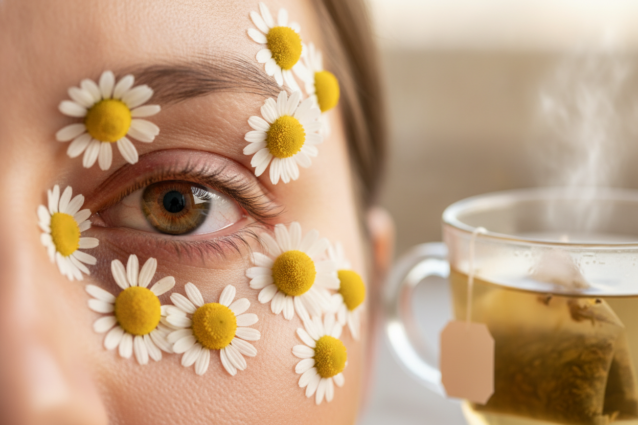Œil irrité entouré de fleurs de camomille fraîche et d'une tasse de tisane de camomille.