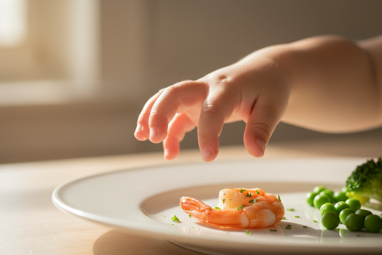 Enfant de 2 ans découvrant une crevette cuite sur une assiette blanche, moment de diversification alimentaire.