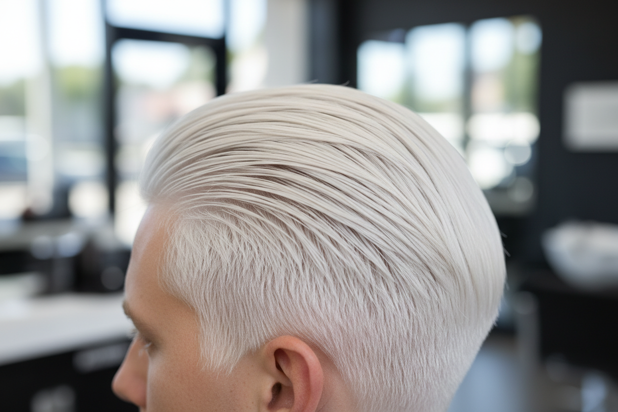 Cheveux d'un homme décolorés en blanc polaire brillant avec reflets platine sous éclairage studio professionnel.
