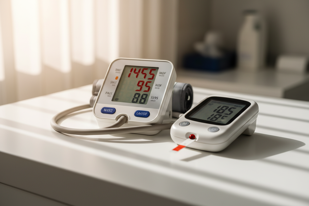 Tensiomètre numérique et glucomètre affichant des résultats, symboles du diabète et hypertension