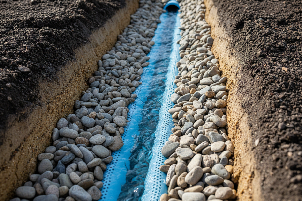 Vue en coupe d'un système de drain souterrain avec tuyau perforé, gravier filtrant et écoulement d'eau.
