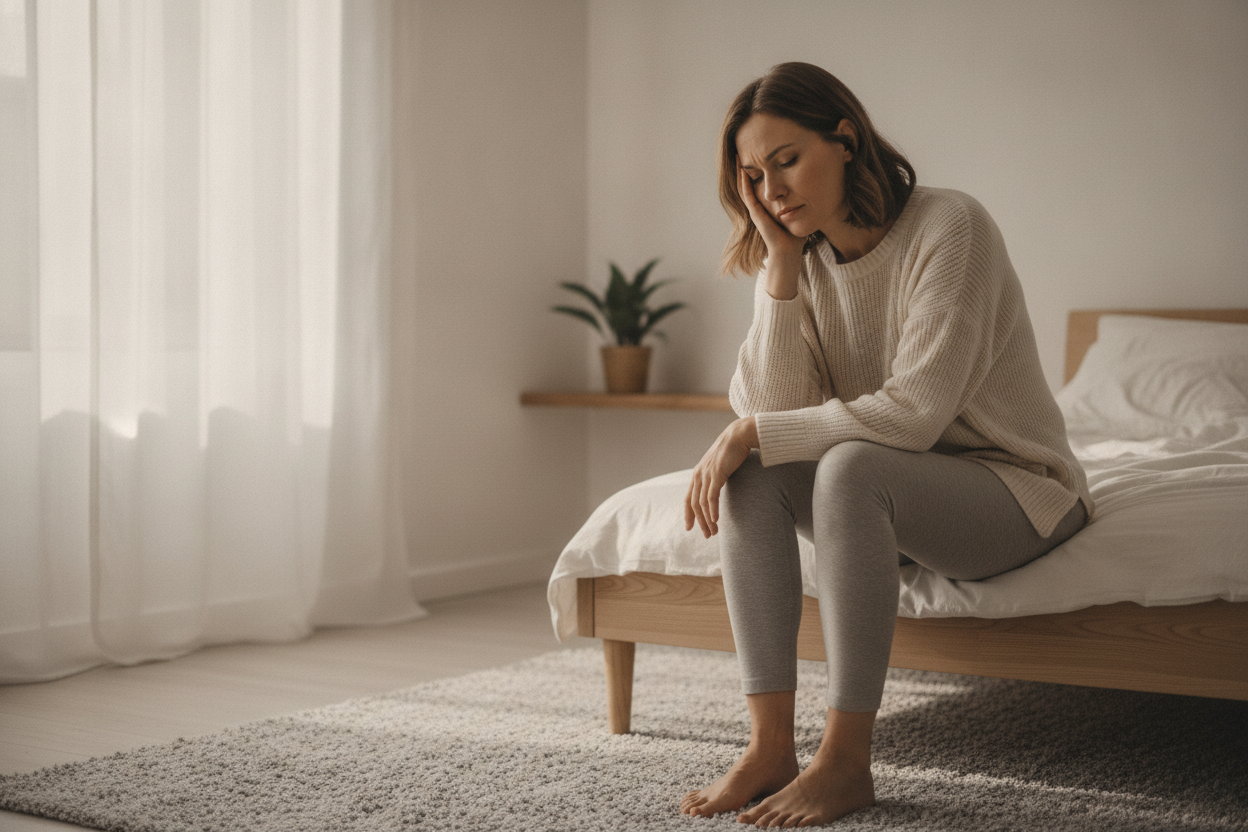 Femme ressentant des vertiges et de la fatigue au lever du matin, assise sur le bord du lit.