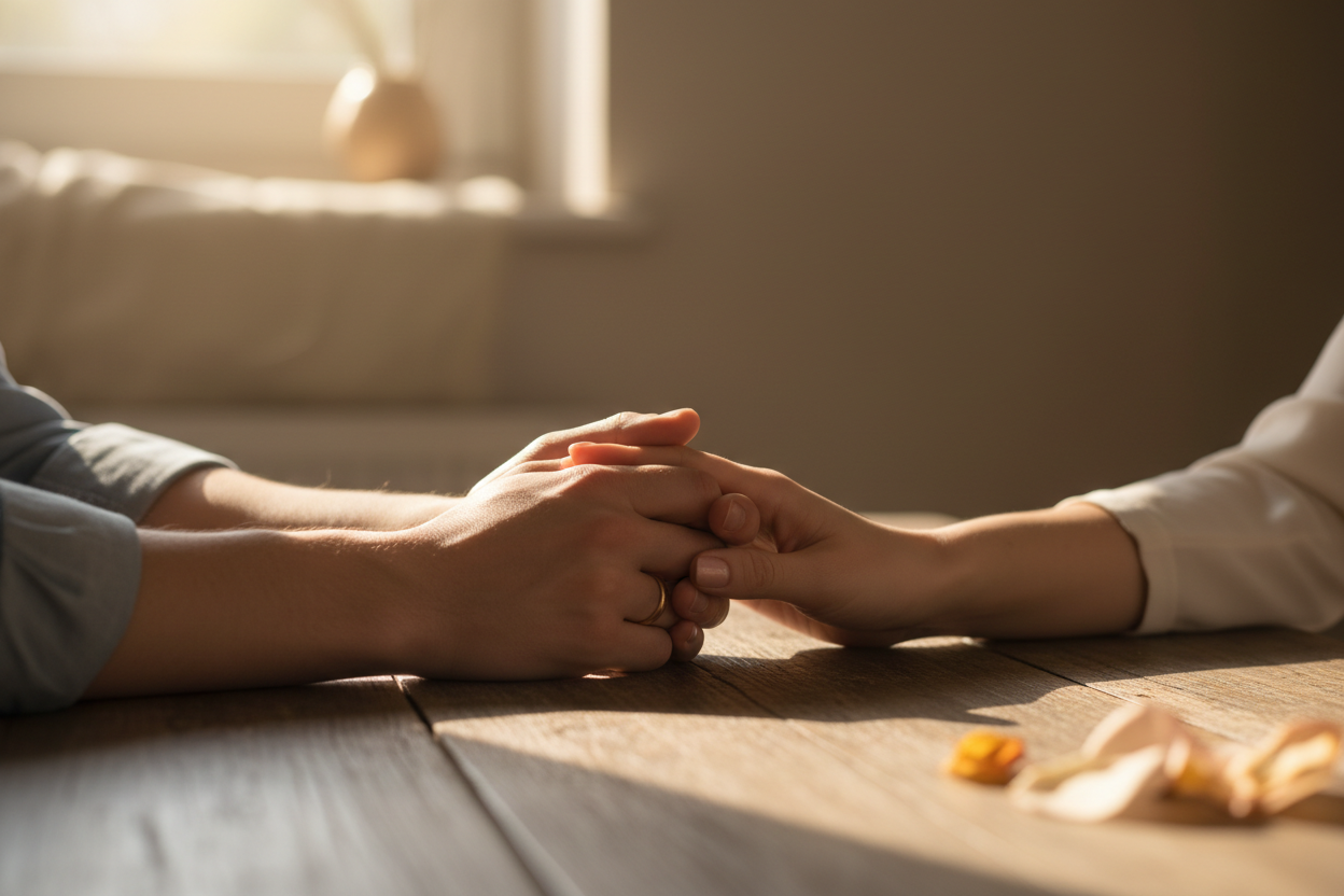 Deux mains s'effleurent délicatement sur une table en bois, symbolisant la connexion émotionnelle et la compréhension mutuelle dans le couple.