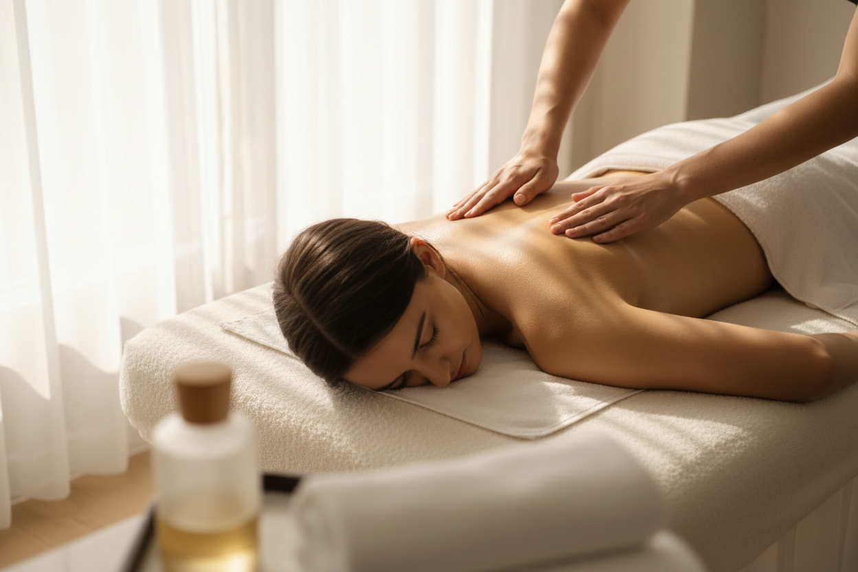 Massage californien : mains de thérapeute effectuant des gestes lents et enveloppants sur le dos relaxé d'une personne