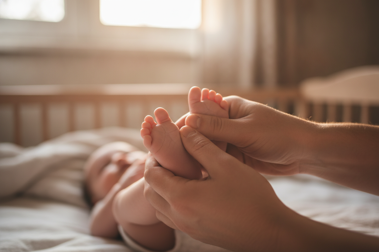 Mains d'un parent massant délicatement les petits pieds d'un bébé dans une atmosphère douce et chaleureuse.