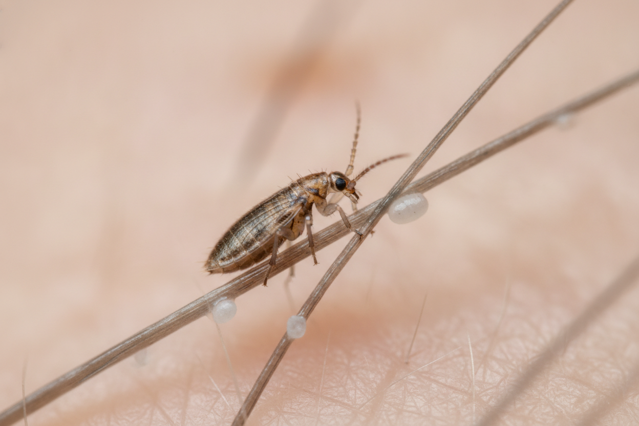 Photographie macro détaillée d'un pou sur cheveu humain, éclairage naturel professionnel.
