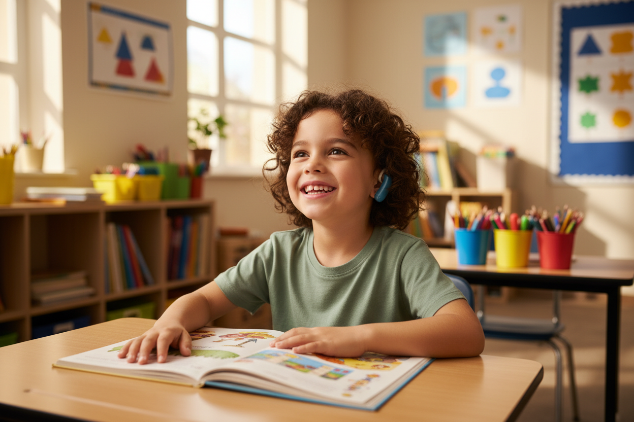Enfant souriant portant une aide auditive moderne dans un environnement scolaire lumineux et bienveillant.