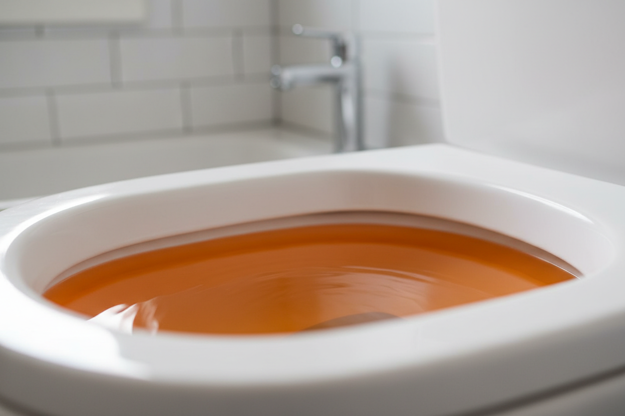 Photographie rapprochée d'eau de toilettes teintée d'orange illustrant le sujet des selles orange.