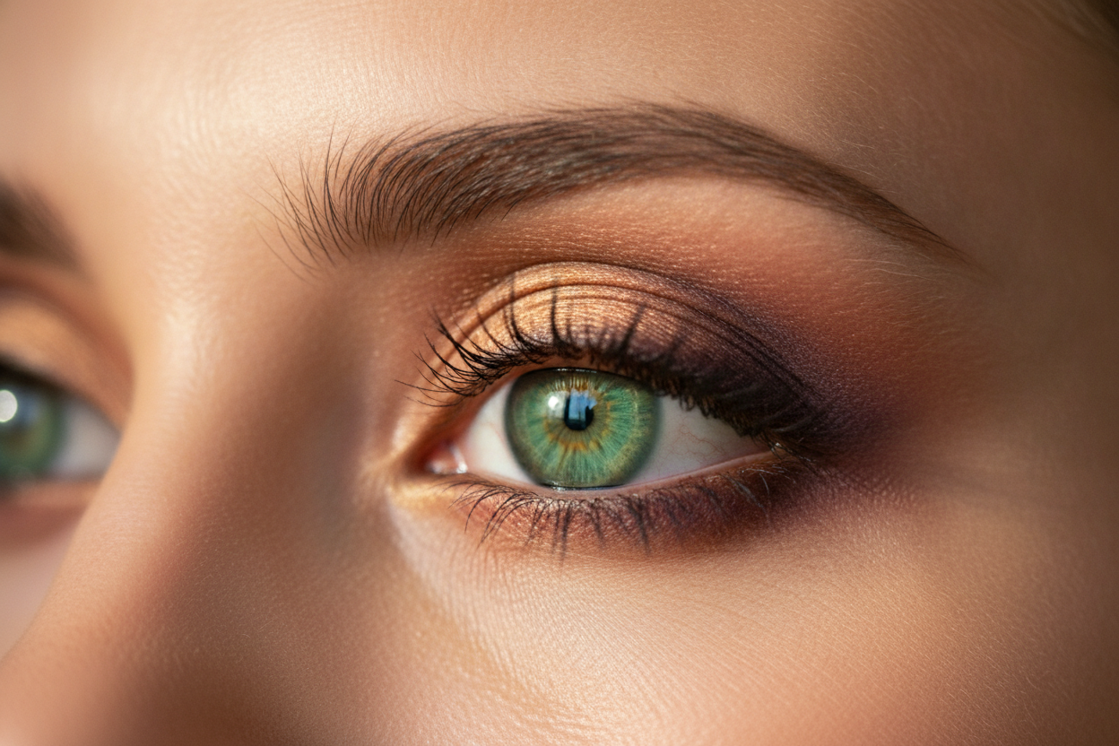 Gros plan d'un œil aux iris verts intenses rehaussés par un maquillage mauve et doré subtil.