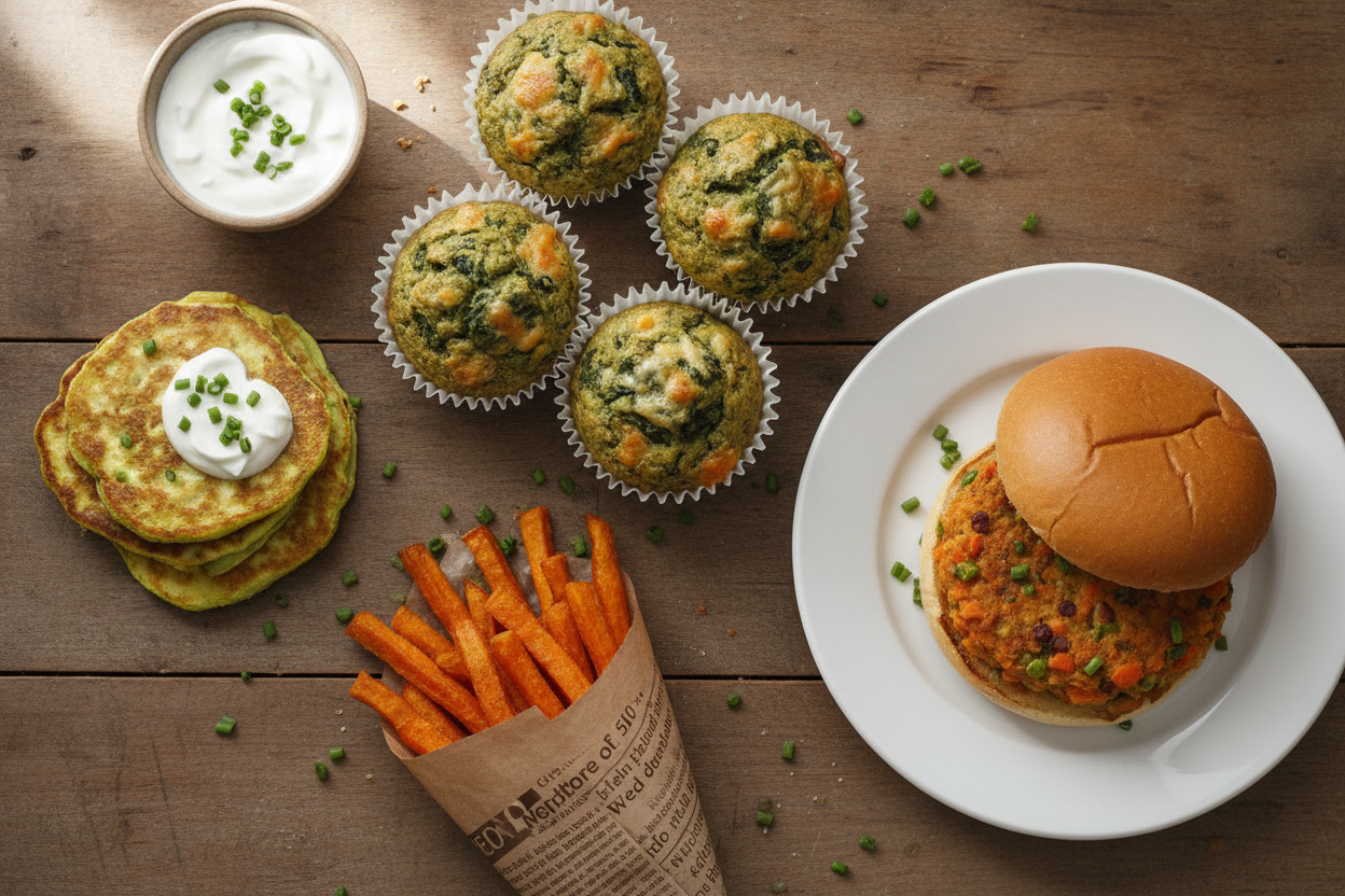 Assiette avec muffins épinards-fromage, crêpes courgettes, frites patate douce et burger légumes maison.