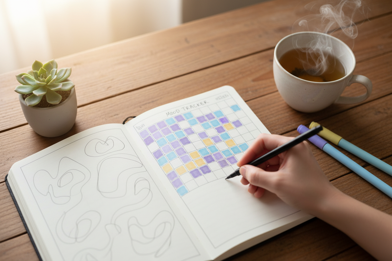 Une main remplit un tracker d'humeur coloré dans un journal ouvert, entouré de marqueurs pastels et d'une tasse de thé.
