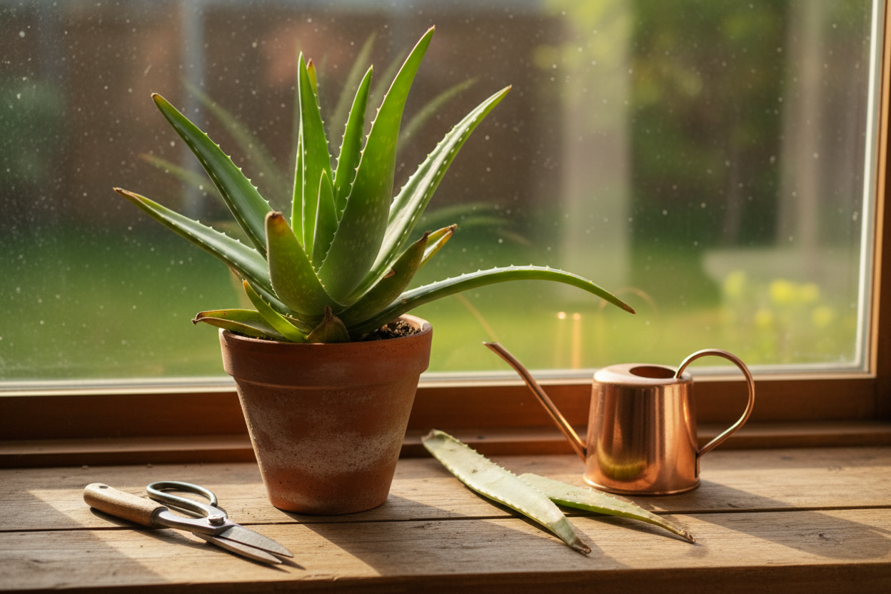 Entretien saisonnier d'un aloe vera sur un rebord de fenêtre ensoleillé avec arrosoir et ciseaux de jardinage.