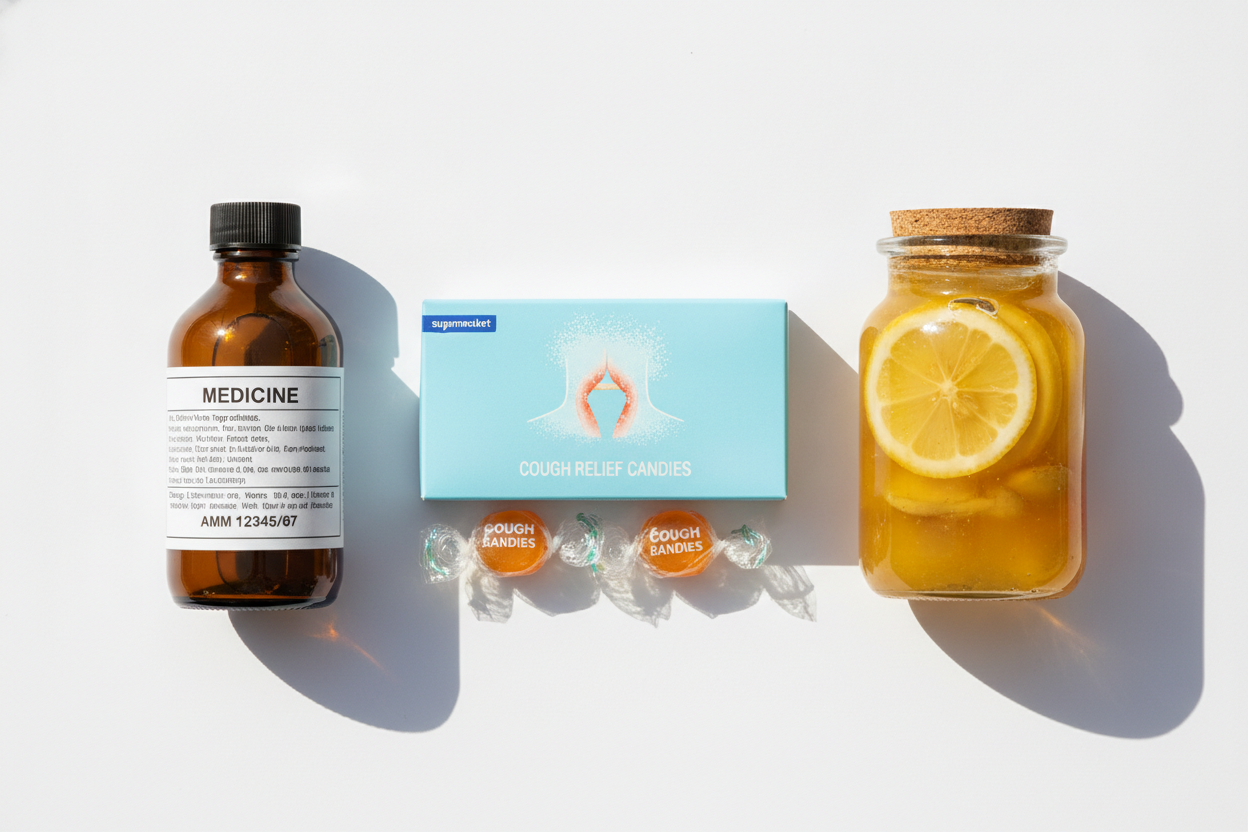 Trois sources de bonbons pour la toux : pharmacie, grande surface et recette maison artisanale.