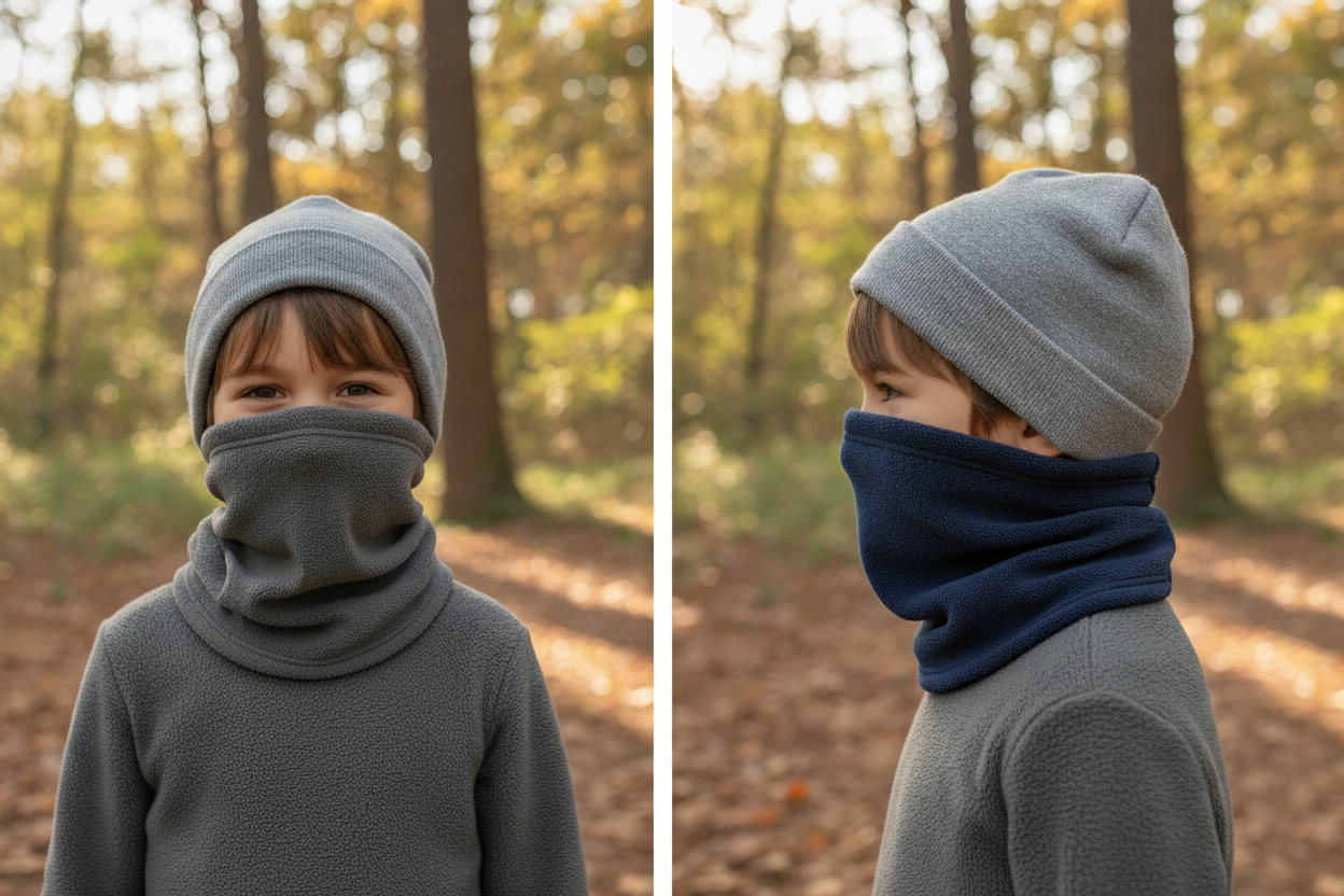 Enfant portant un cache-nez en polaire bien ajusté, démontrant le bon dimensionnement pour les proportions du visage enfantin.
