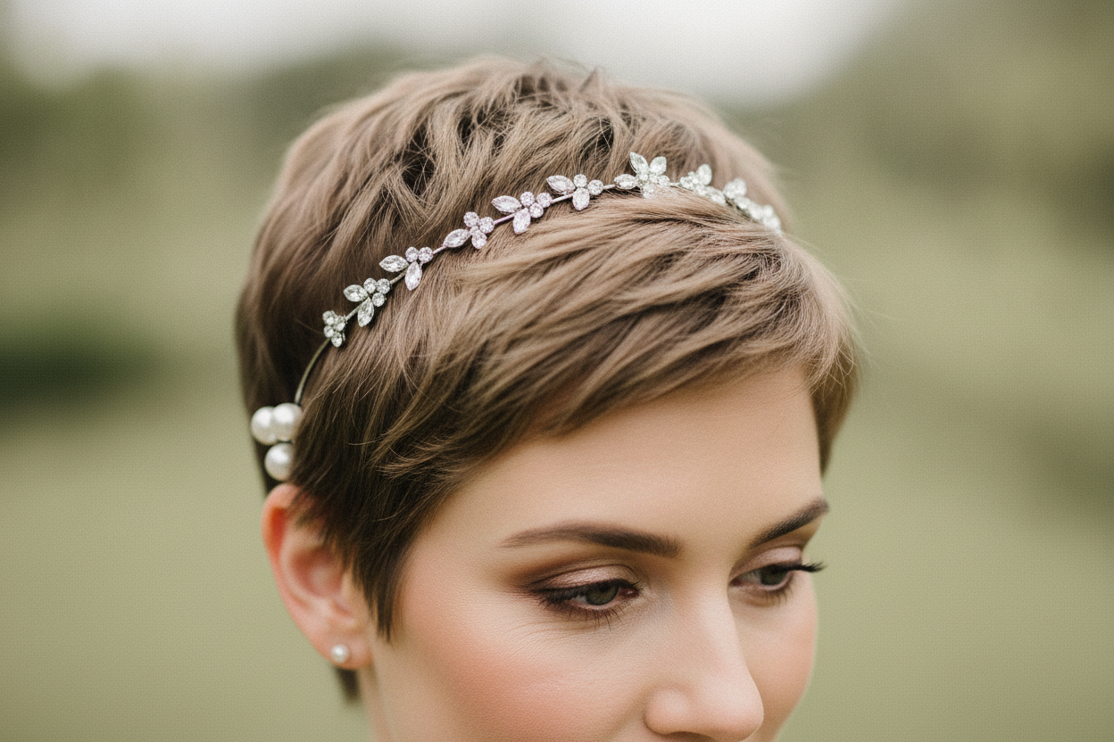 Mariée aux cheveux très courts portant un diadème en cristaux et des épingles décoratives.