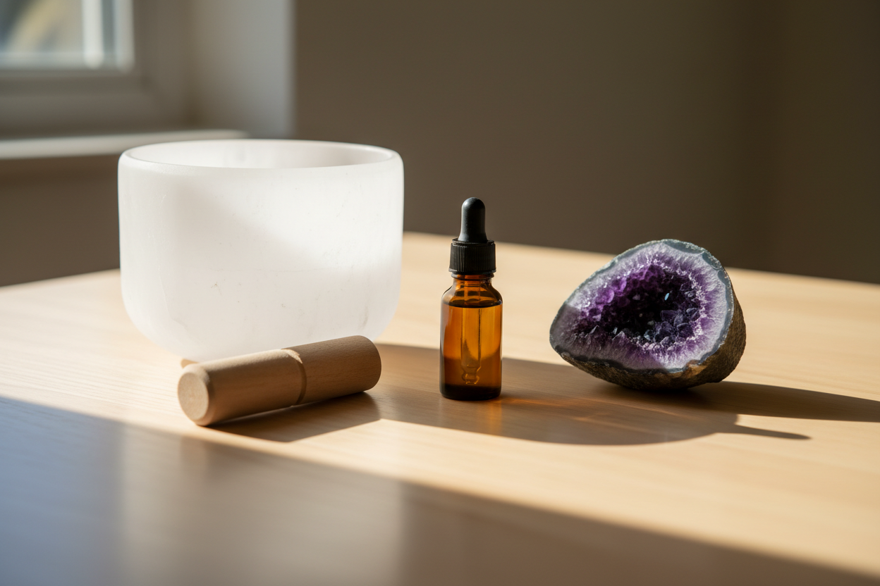 Bol tibétain, flacon d'élixir floral et cristal améthyste disposés sur une surface en bois naturel.