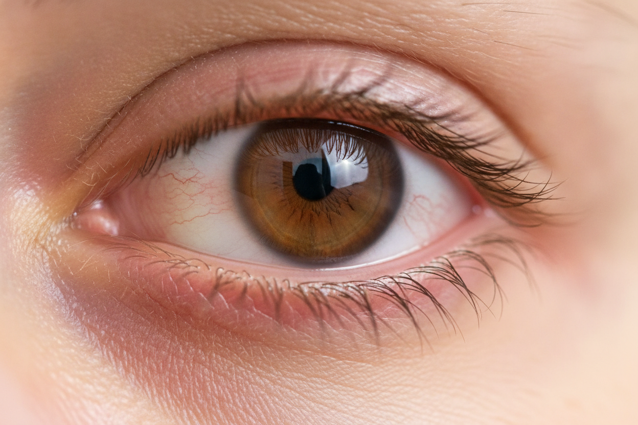 Gros plan d'un œil irrité présentant les signes d'une conjonctivite allergique avec rougeur et inflammation visible.