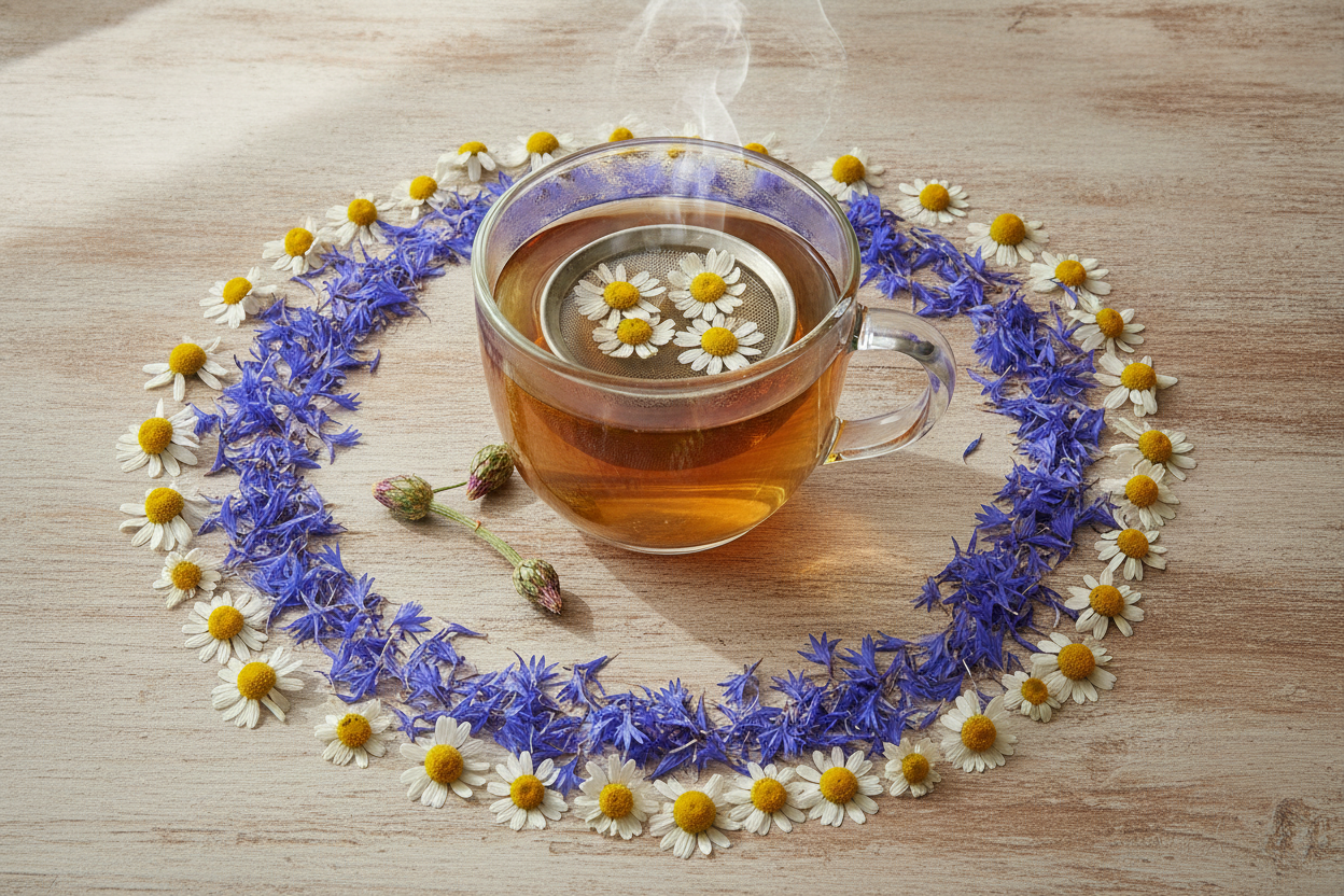 Fleurs de bleuet et camomille séchées avec infusion chaude pour traitement naturel de la conjonctivite.