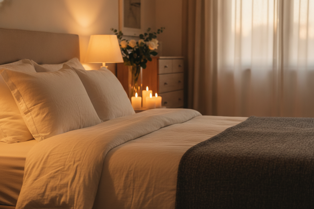 Chambre intime éclairée par une lumière chaude et douce créant une atmosphère romantique.