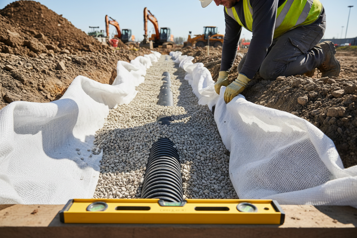 Installation d'un tuyau de drainage perforé dans une tranchée avec couches successives de gravier et géotextile.
