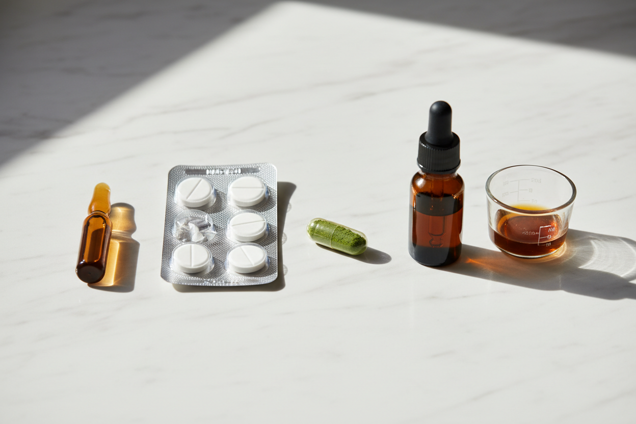 Comparaison des formes galéniques de draineurs : ampoule buvable, comprimés, gélule et liquide concentré côte à côte.