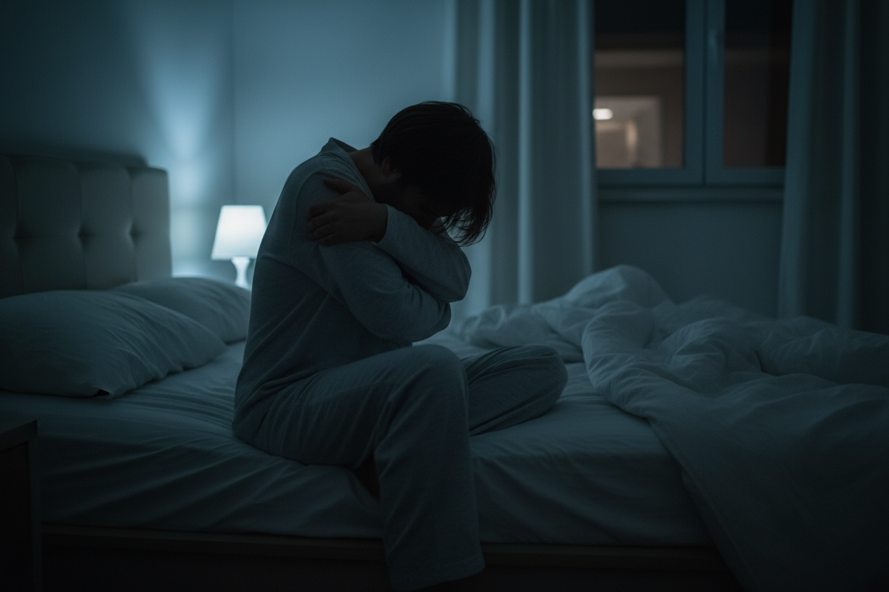 Personne assise sur un lit la nuit, recroquevillée de froid après une nuit de sommeil perturbé.