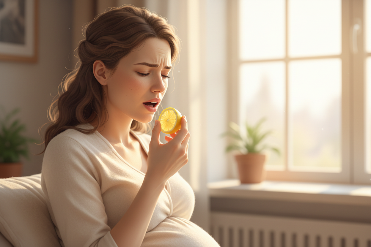 Femme enceinte au premier trimestre tenant un quartier de citron pour soulager le goût métallique.
