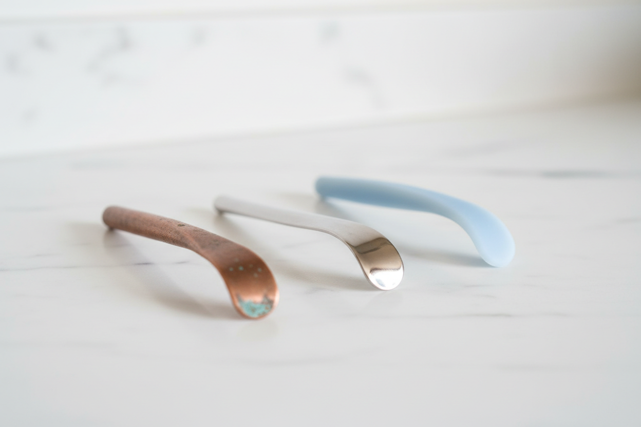 Trois gratte-langues côte à côte en cuivre, acier inoxydable et silicone, photographiés sur marbre blanc.