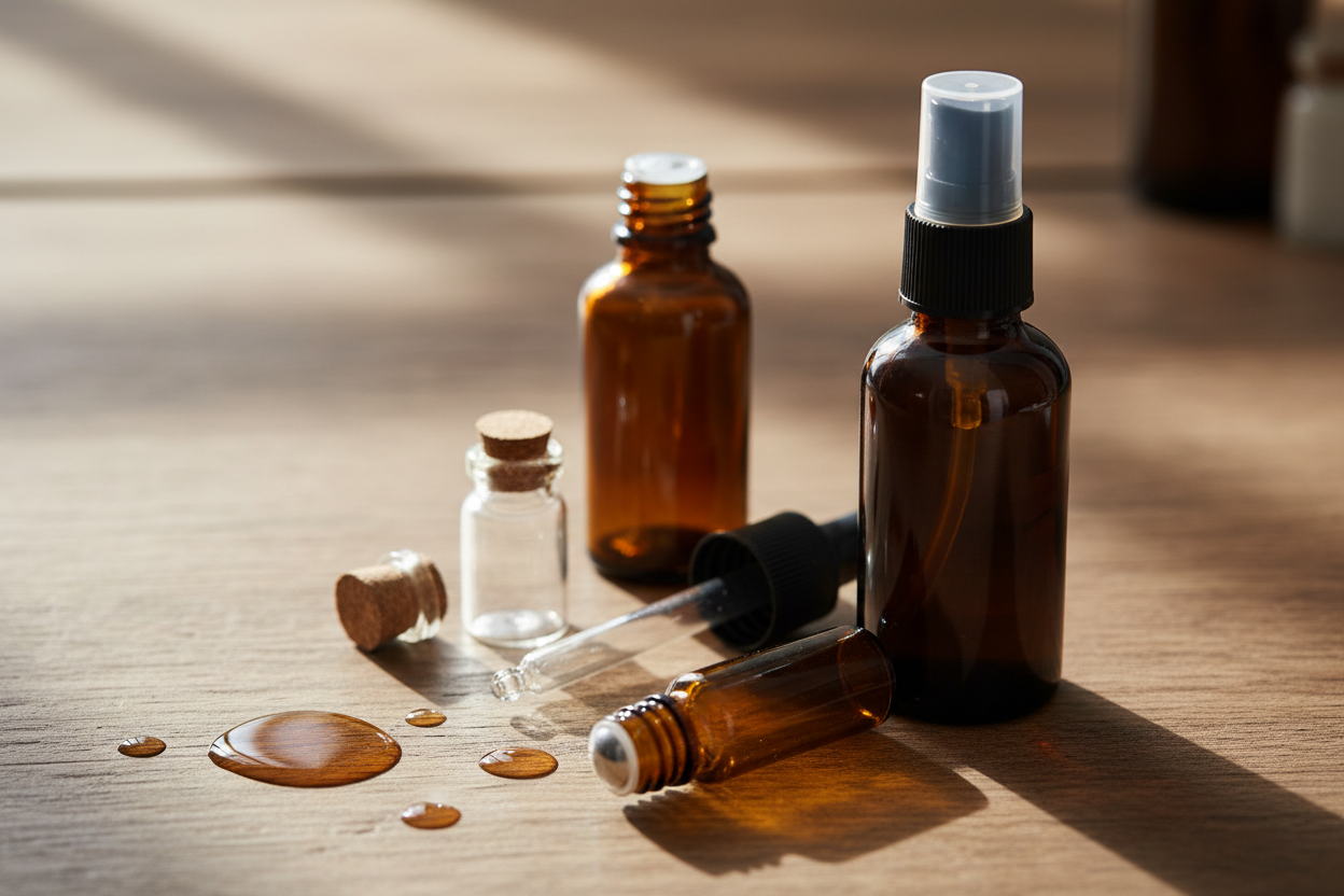 Préparation d'un spray répulsif maison avec des flacons d'huiles essentielles et un roll-on sur une surface en bois.