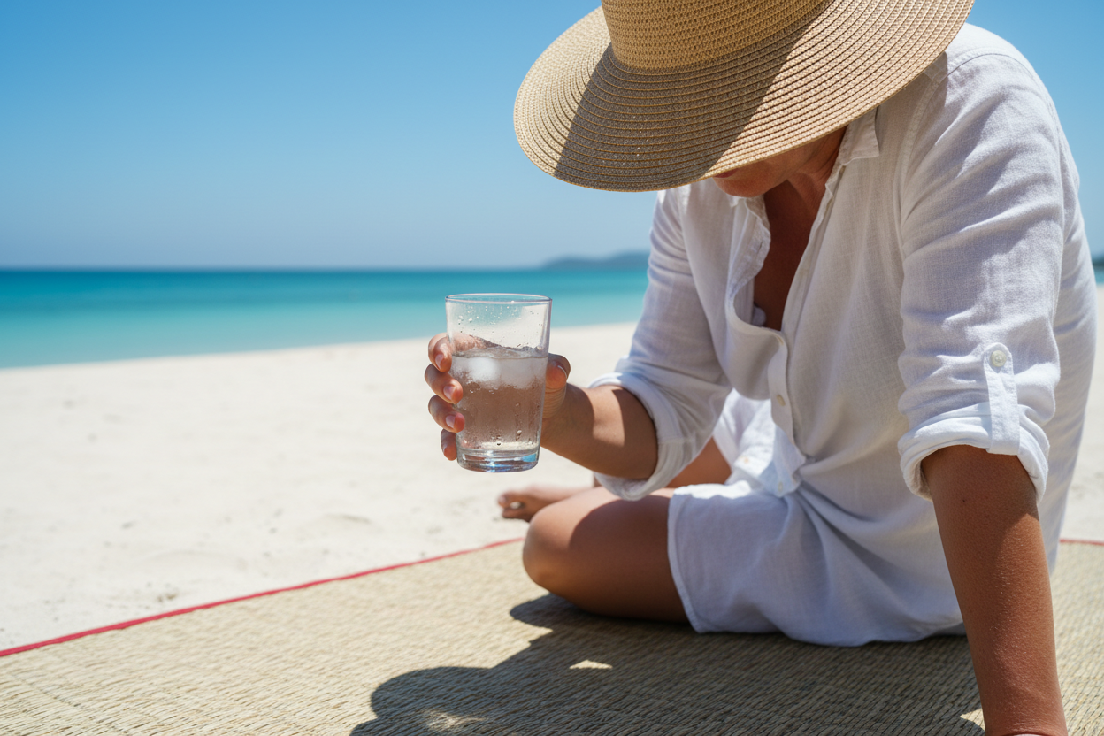 Personne déshydratée sur une plage ensoleillée tenant un verre d'eau par forte chaleur.