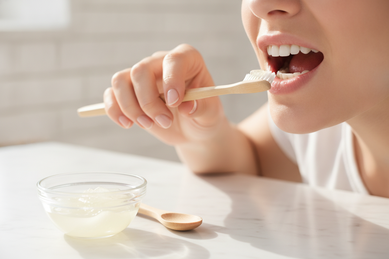 Gencives enflammées traitées avec brosse souple et produits naturels lors d'une routine de soin.