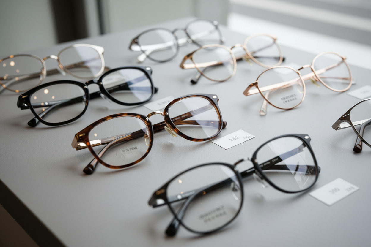 Plusieurs paires de lunettes de vue aux montures variées disposées sur un présentoir, illustrant la diversité des gammes et des prix.