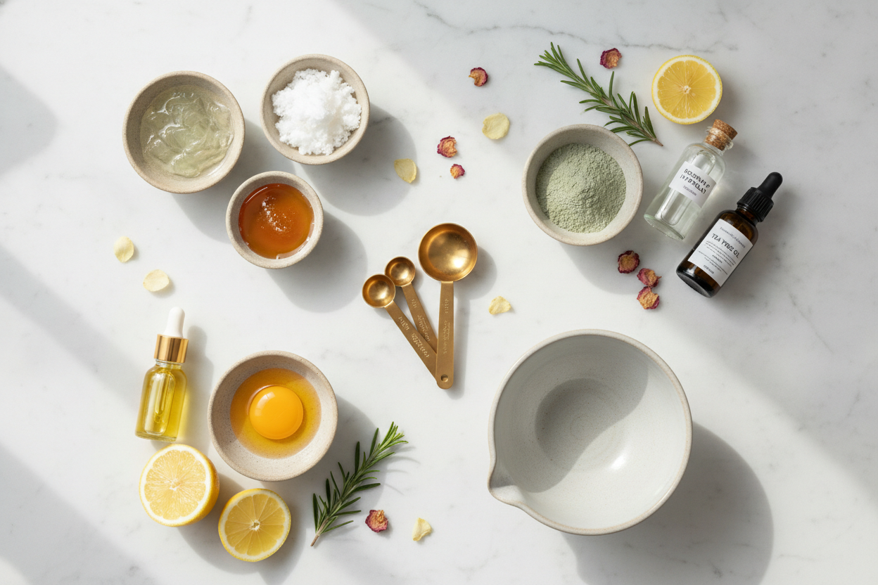 Ingrédients naturels pour masques cheveux maison arrangés dans des bols sur marbre blanc.