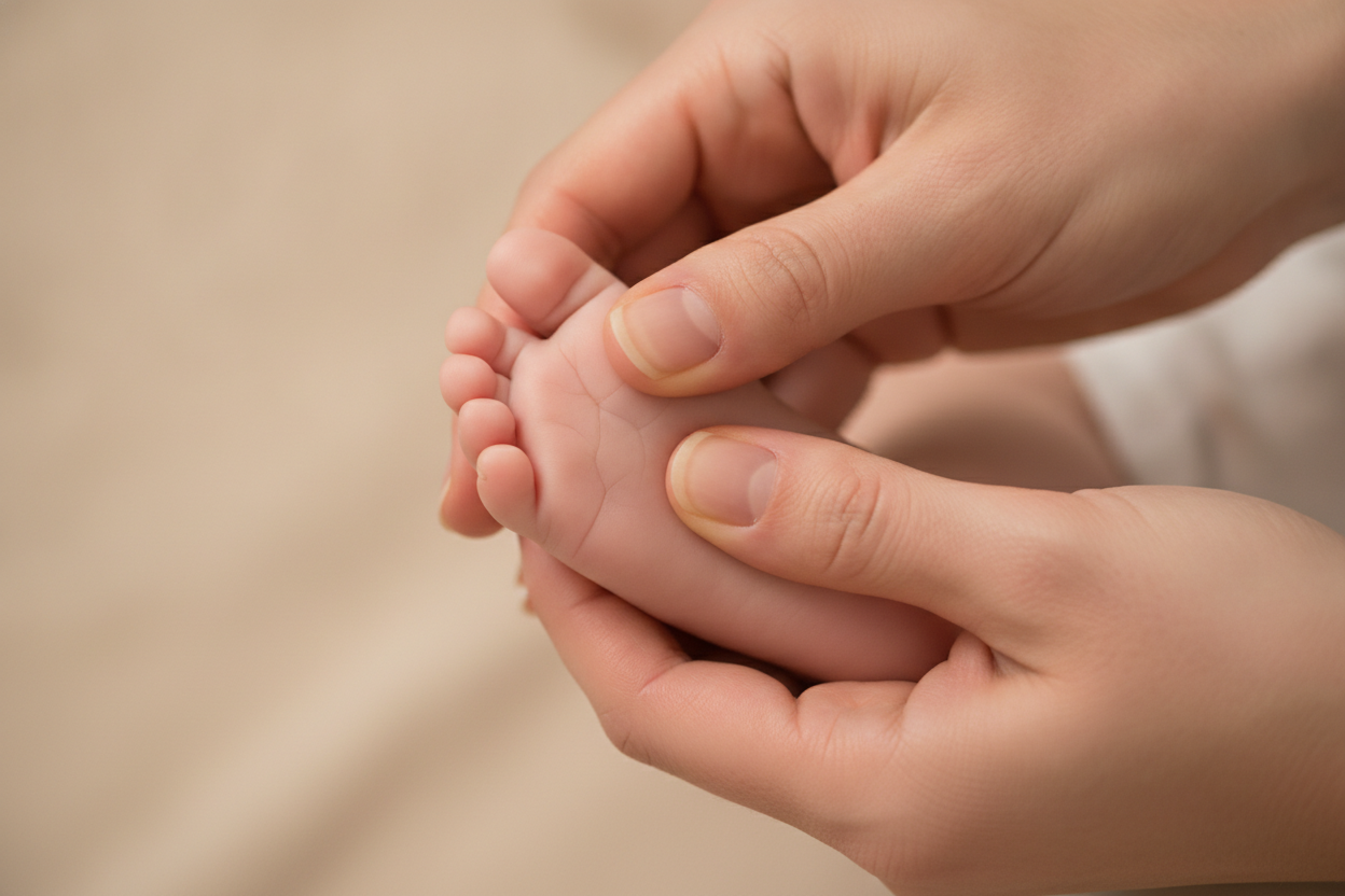 Massage des pieds de bébé : les pouces glissent délicatement du talon aux orteils.
