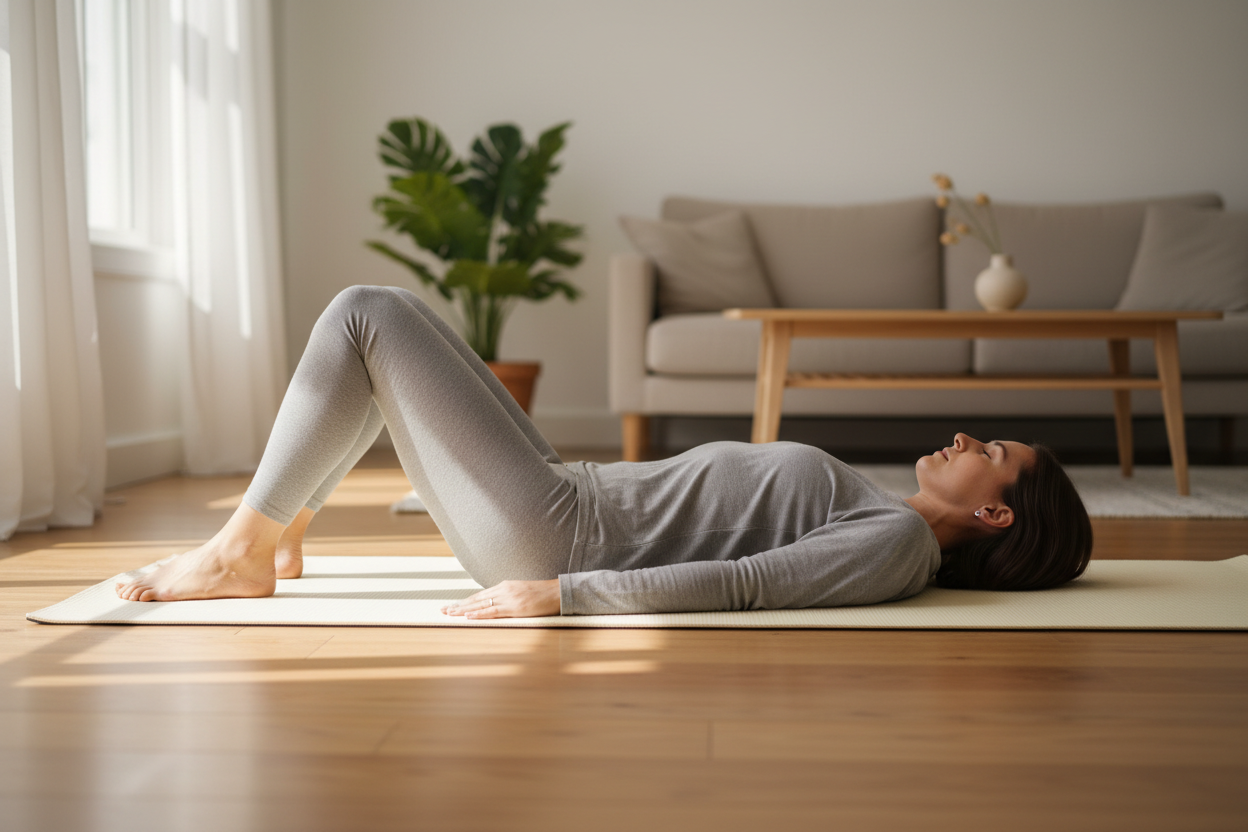 Femme allongée sur un tapis de yoga, genoux fléchis, pratiquant des exercices de renforcement du périnée à domicile.