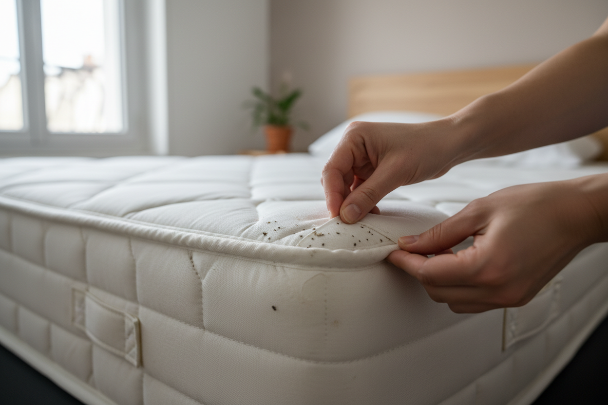 Inspection minutieuse des coutures d'un matelas blanc à la recherche de signes visibles d'infestation de punaises de lit.