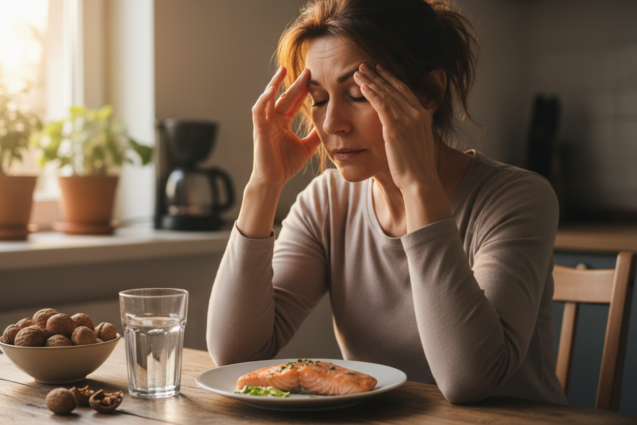 Femme d'une cinquantaine d'années se frottant les yeux le matin, avec un verre d'eau et des aliments riches en oméga-3 sur la table.