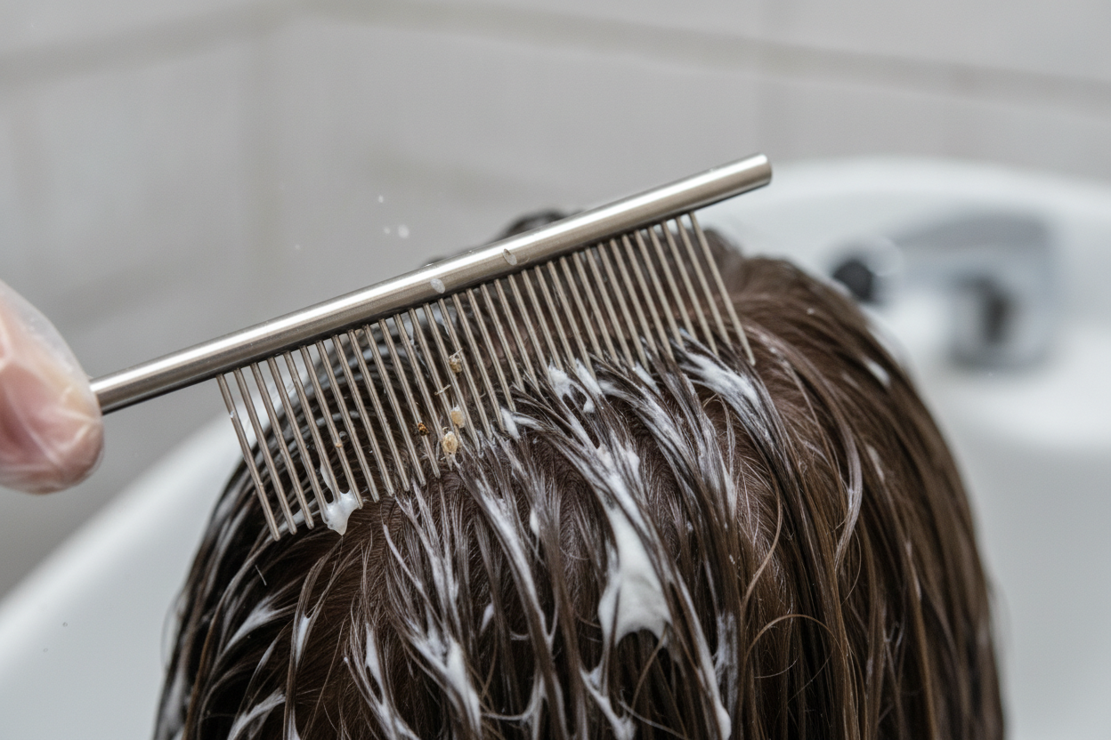 Peigne à dents fines utilisé sur cheveux mouillés et démêlant pour éliminer les poux et les lentes.