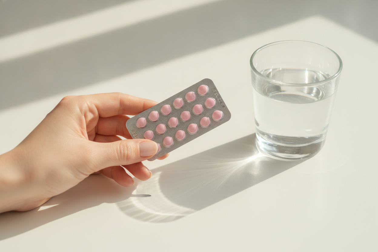 Plaquette de pilule contraceptive prise en continu, posée sur une surface blanche dans une lumière naturelle douce.