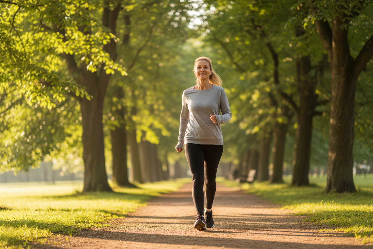 Une femme marche rapidement dans un parc ensoleillé, illustrant l'activité physique modérée bénéfique pour la santé cardiovasculaire.