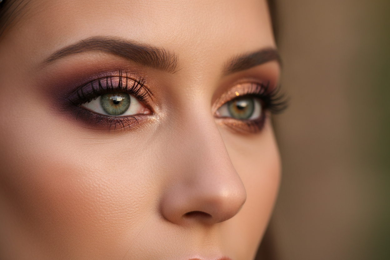 Gros plan montrant des yeux verts avec deux styles de maquillage complémentaires : mauve-violet et bronze-cuivre.