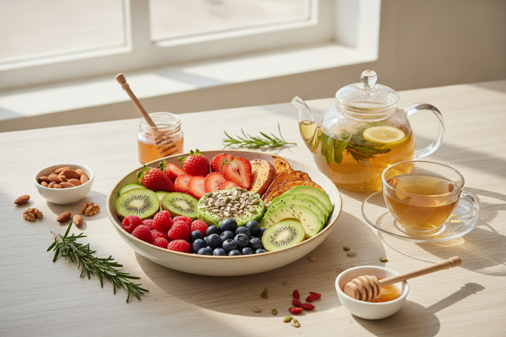 Assiette saine et colorée avec fruits, légumes, graines et ambiance bien-être naturelle.